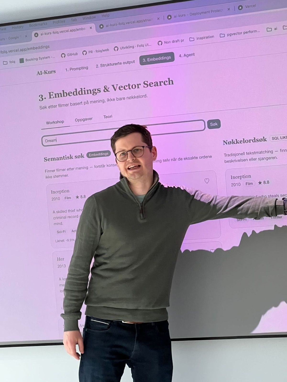 Vegard teaching an AI course and demonstrating semantic search on a screen.